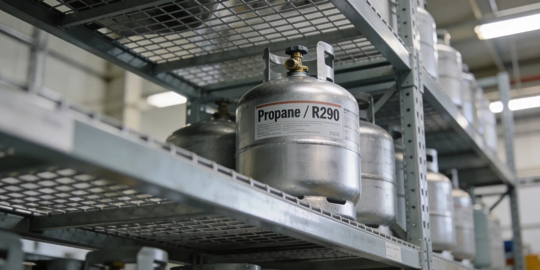 R290 propancylindrar märkta Propane / R290 på metallhyllor i industriellt lager