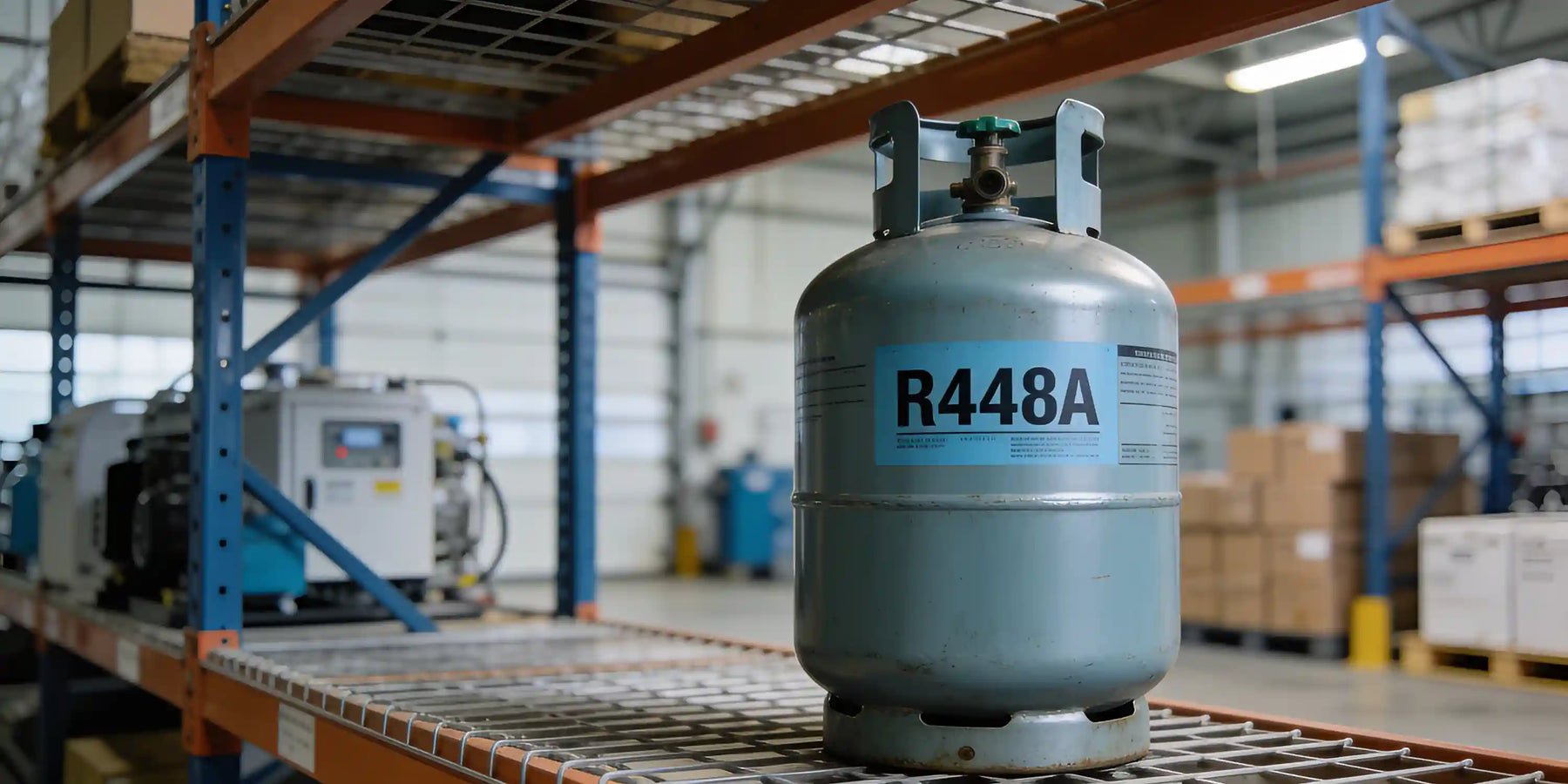 Gascylinder med köldmediet R448A på lagerhylla