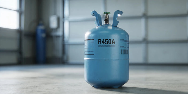 Gasflaska med köldmediet R450A i industrimiljö