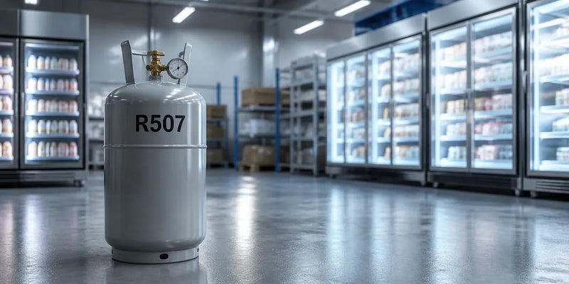 Gascylinder märkt R507 i ett lager med kylmontrar och frysar i bakgrunden