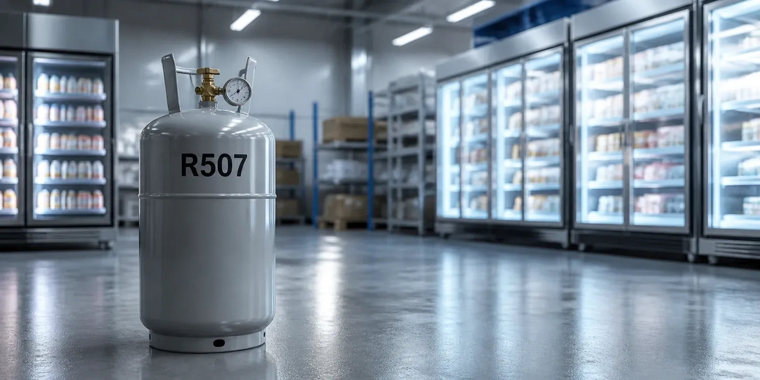 Gascylinder märkt R507 i ett lager med kylmontrar och frysar i bakgrunden
