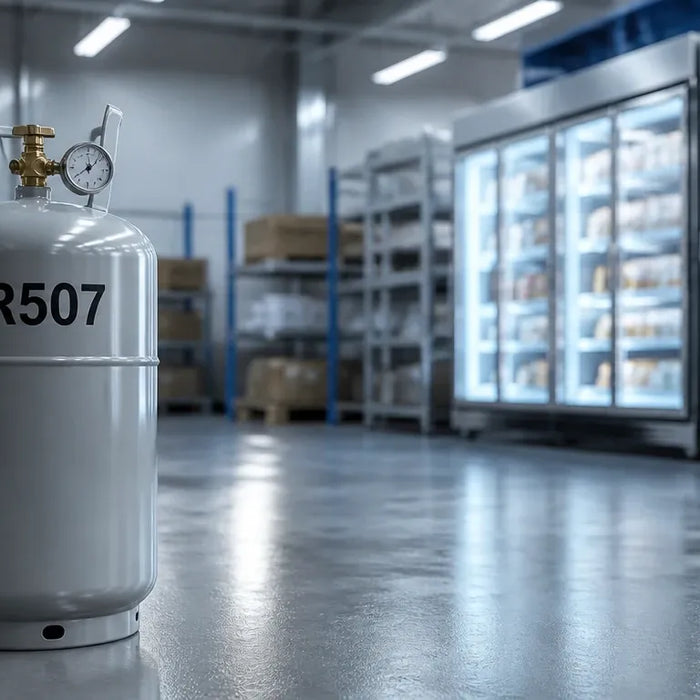 Gascylinder märkt R507 i ett lager med kylmontrar och frysar i bakgrunden