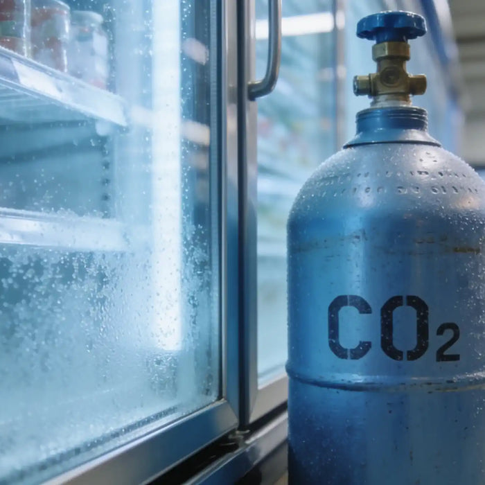 CO2 cylinder märkt R744 placerad vid en kyldisk i en livsmedelsbutik