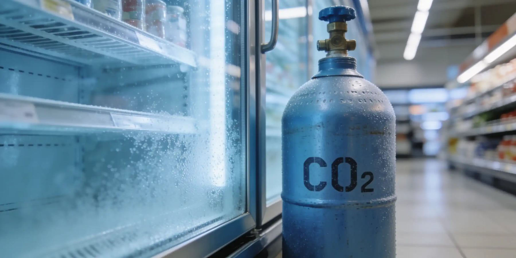 CO2 cylinder märkt R744 placerad vid en kyldisk i en livsmedelsbutik