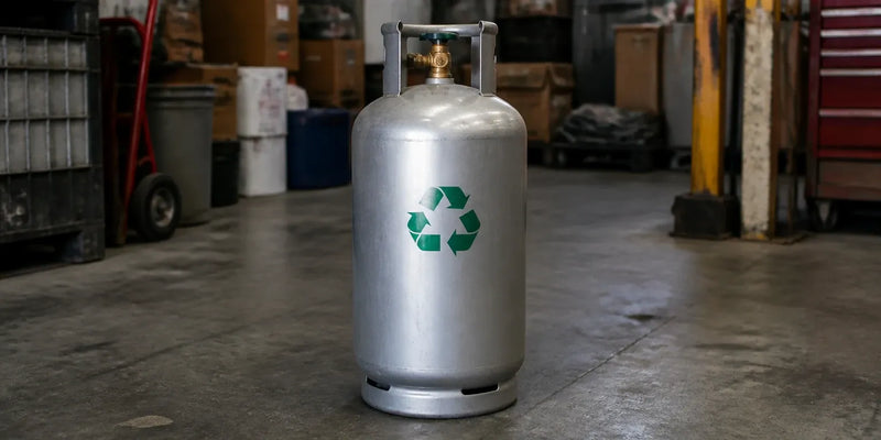 Gascylinder med återvinningssymbol i ett lager, symboliserar regenererat köldmedium