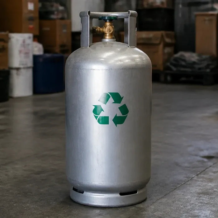 Gascylinder med återvinningssymbol i ett lager, symboliserar regenererat köldmedium