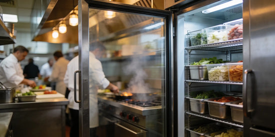 Öppen restaurangkyl och råvaror i gastronormbehållare, kockar som lagar mat i bakgrunden