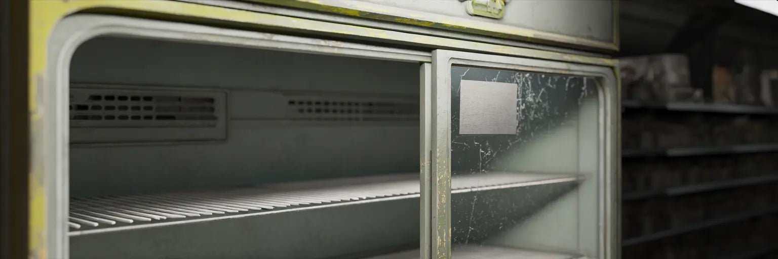 Närbild av gammal displaykyl med sprucket glas.