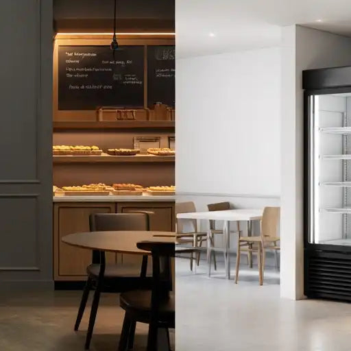 Små och stora displaykylar placerade i café