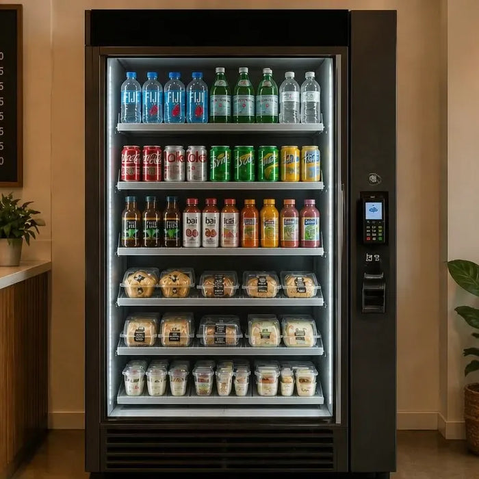 Smartkyl med glasdörr i ett café, fylld med drycker och bakverk för grab and go