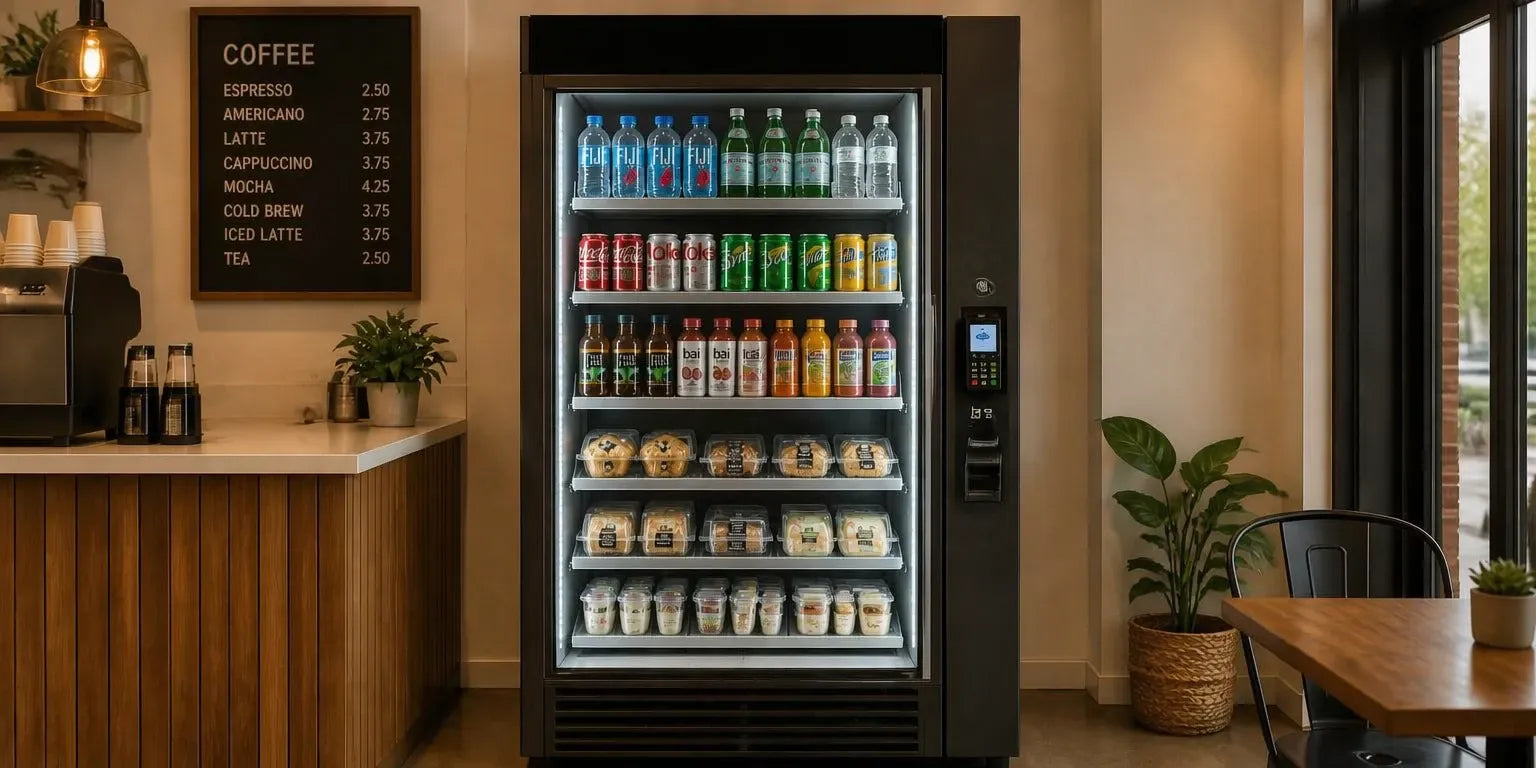 Smartkyl med glasdörr i ett café, fylld med drycker och bakverk för grab and go