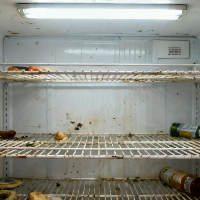 Insidan av en smutsig kommersiell kyl med matrester och fläckar på hyllor och väggar