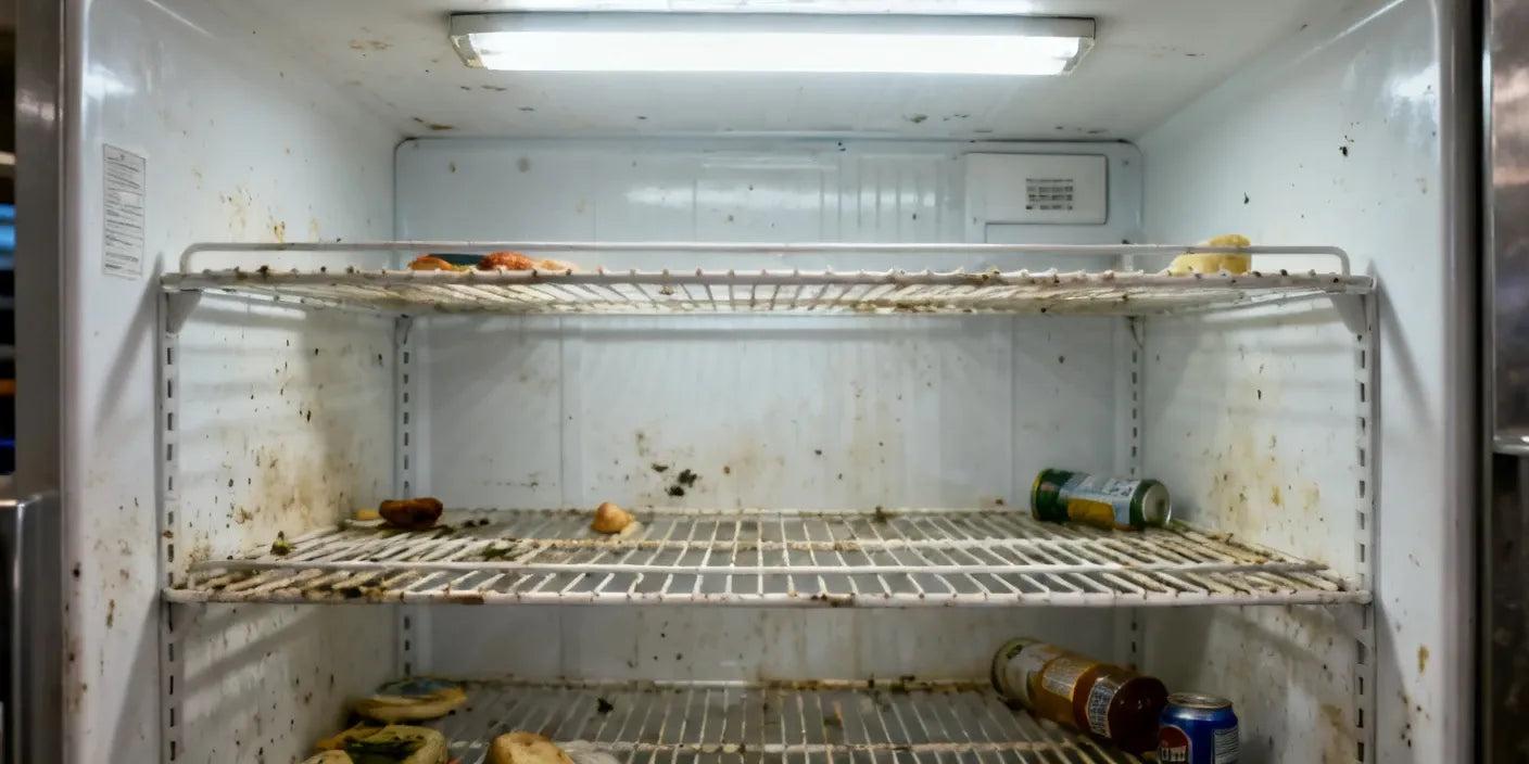 Insidan av en smutsig kommersiell kyl med matrester och fläckar på hyllor och väggar