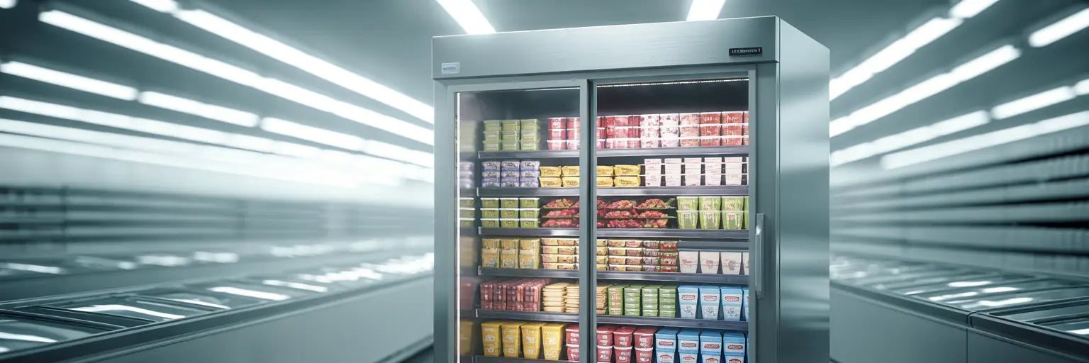 Dubbel glasdörrsfrys fylld med livsmedel i olika färger i en butikskorridor.