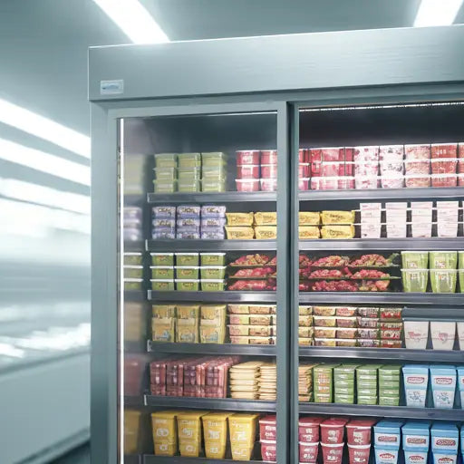 Dubbel glasdörrsfrys fylld med livsmedel i olika färger i en butikskorridor.