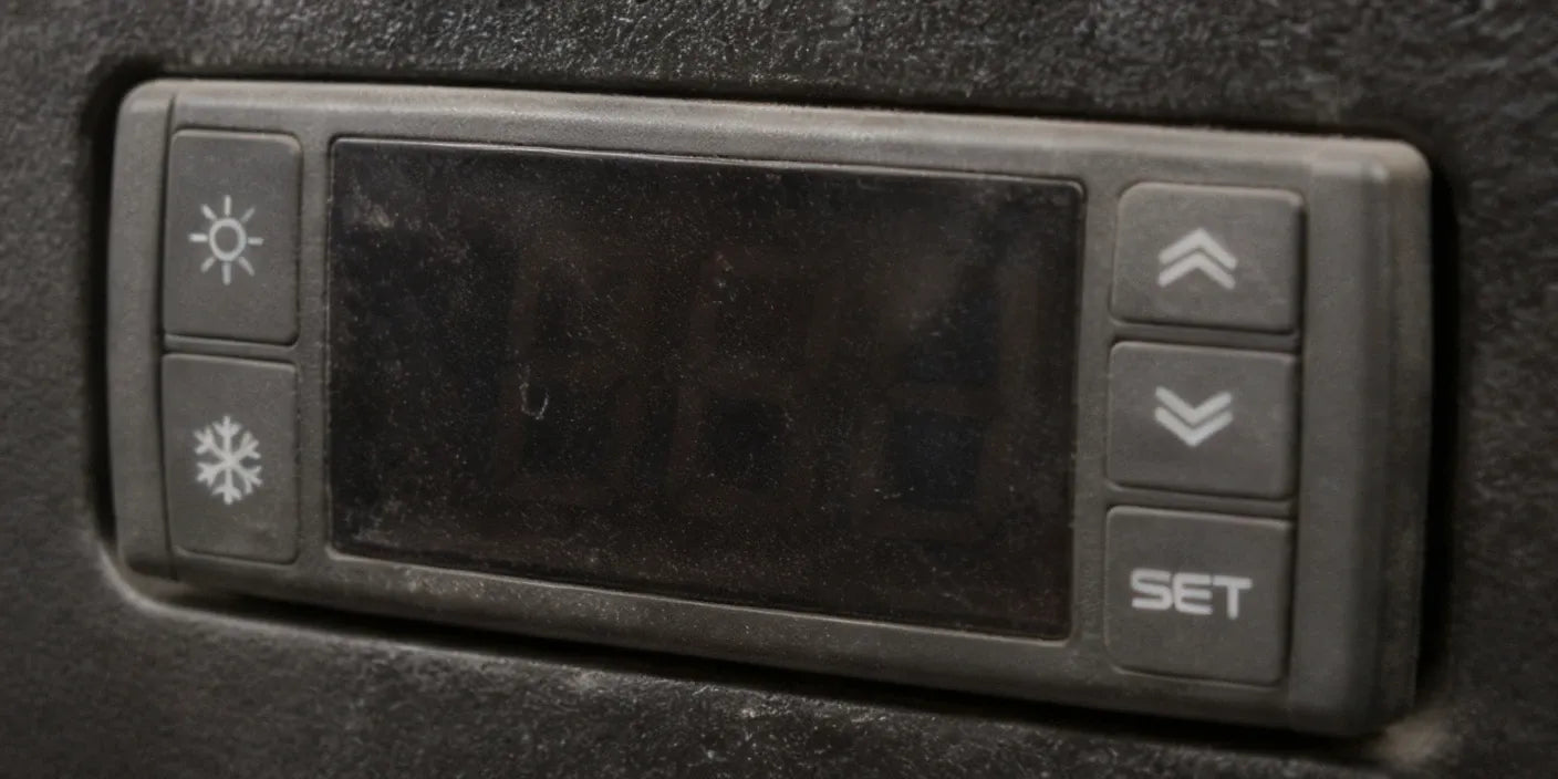 Trasig digital termostatpanel med sol och snöflingeikon
