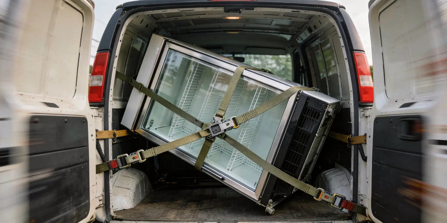 Displaykyl transporteras liggande i skåpbil, fastspänd med spännband