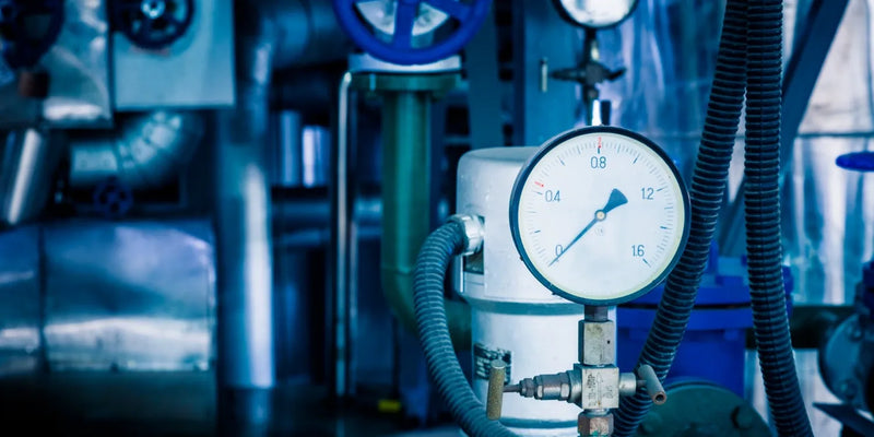 Närbild på tryckmätare i ett kylsystem för freon gas med rör och ventiler