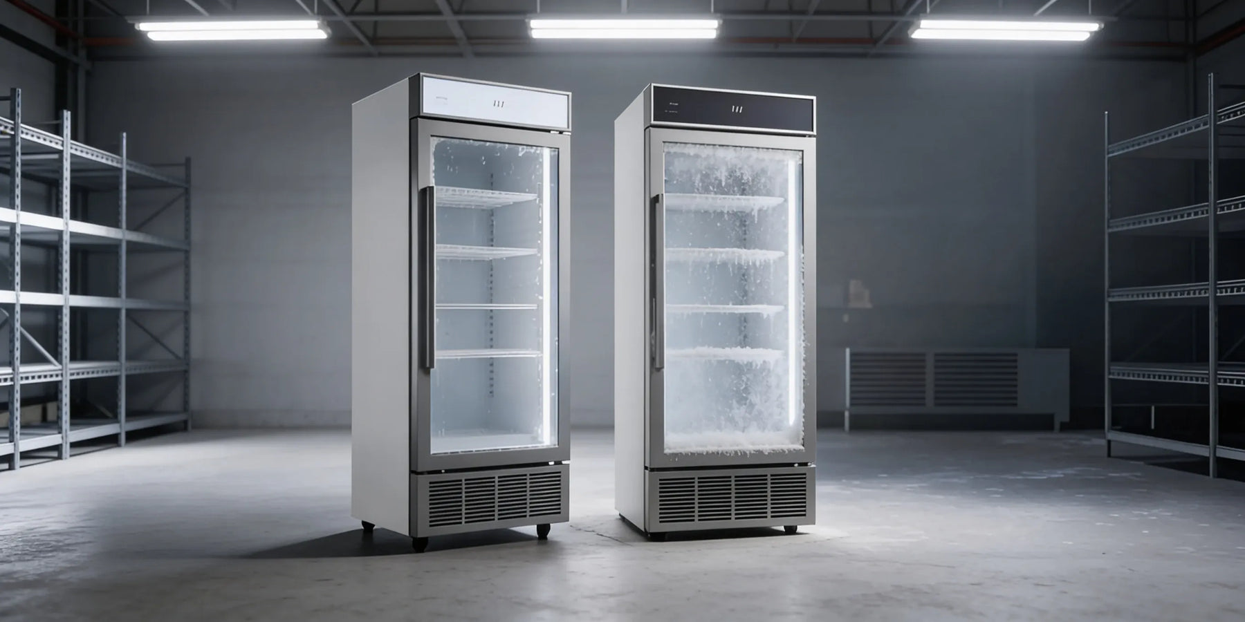 Två kylar sida vid sida – en frostfri och en med lätt isbildning på glasdörren