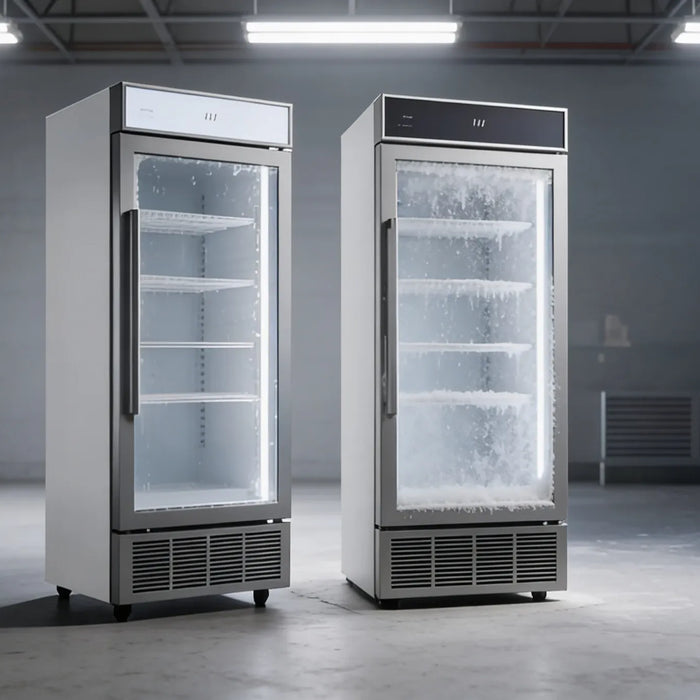 Två kylar sida vid sida – en frostfri och en med lätt isbildning på glasdörren