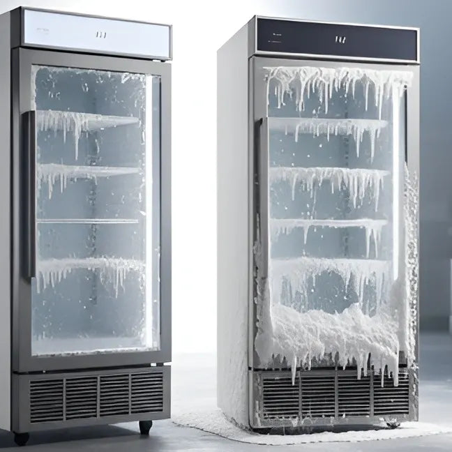 Två kylar med kraftig frost och is som behöver avfrostas