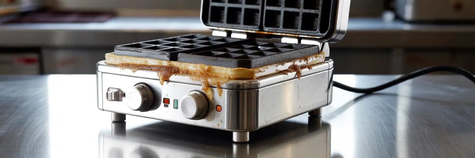 Våffeljärn med smetrester efter gräddning.