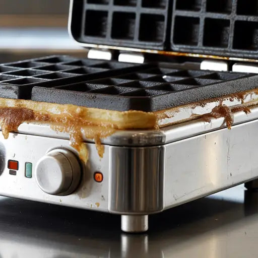 Våffeljärn med smetrester efter gräddning.