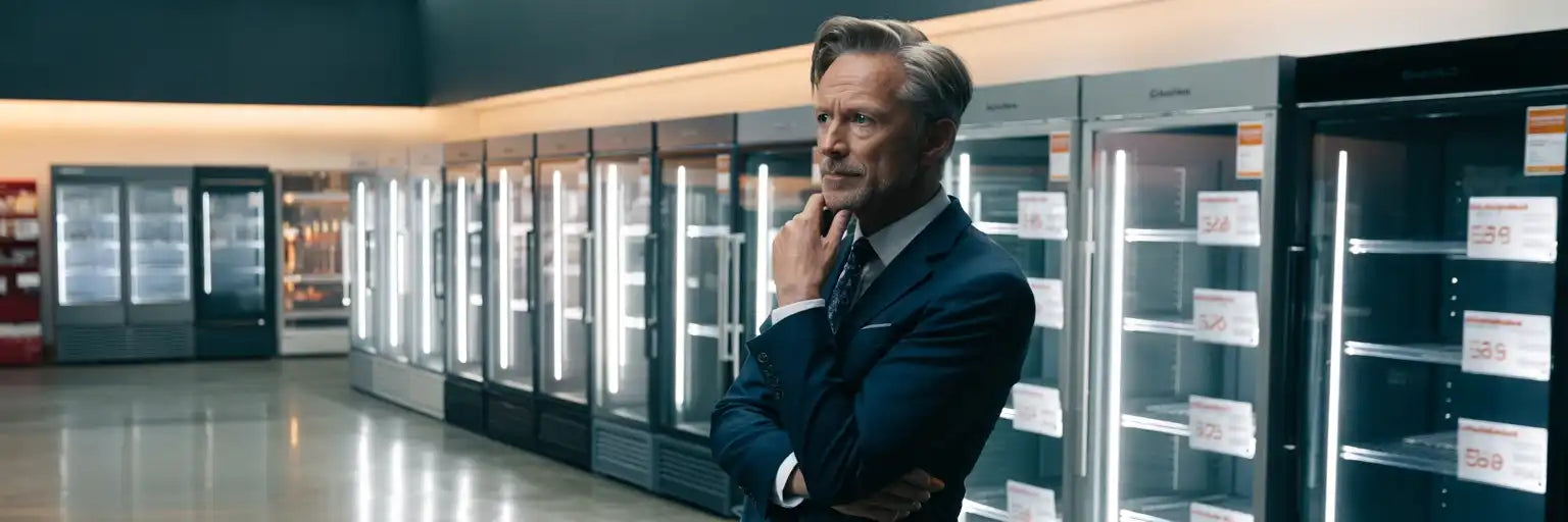 Man överväger olika modeller av displaykyl.