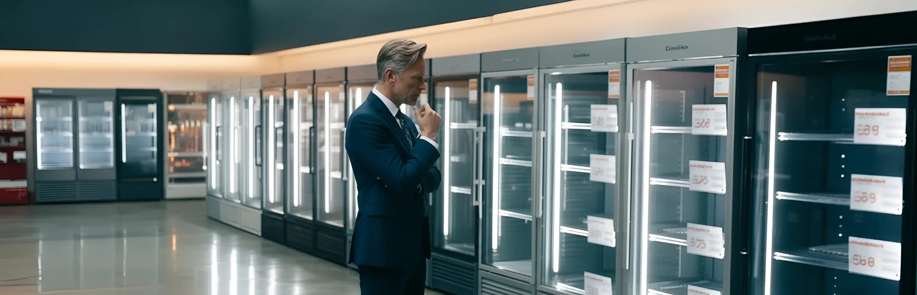 Man överväger olika modeller av displaykylar för att hitta den som passar bäst.