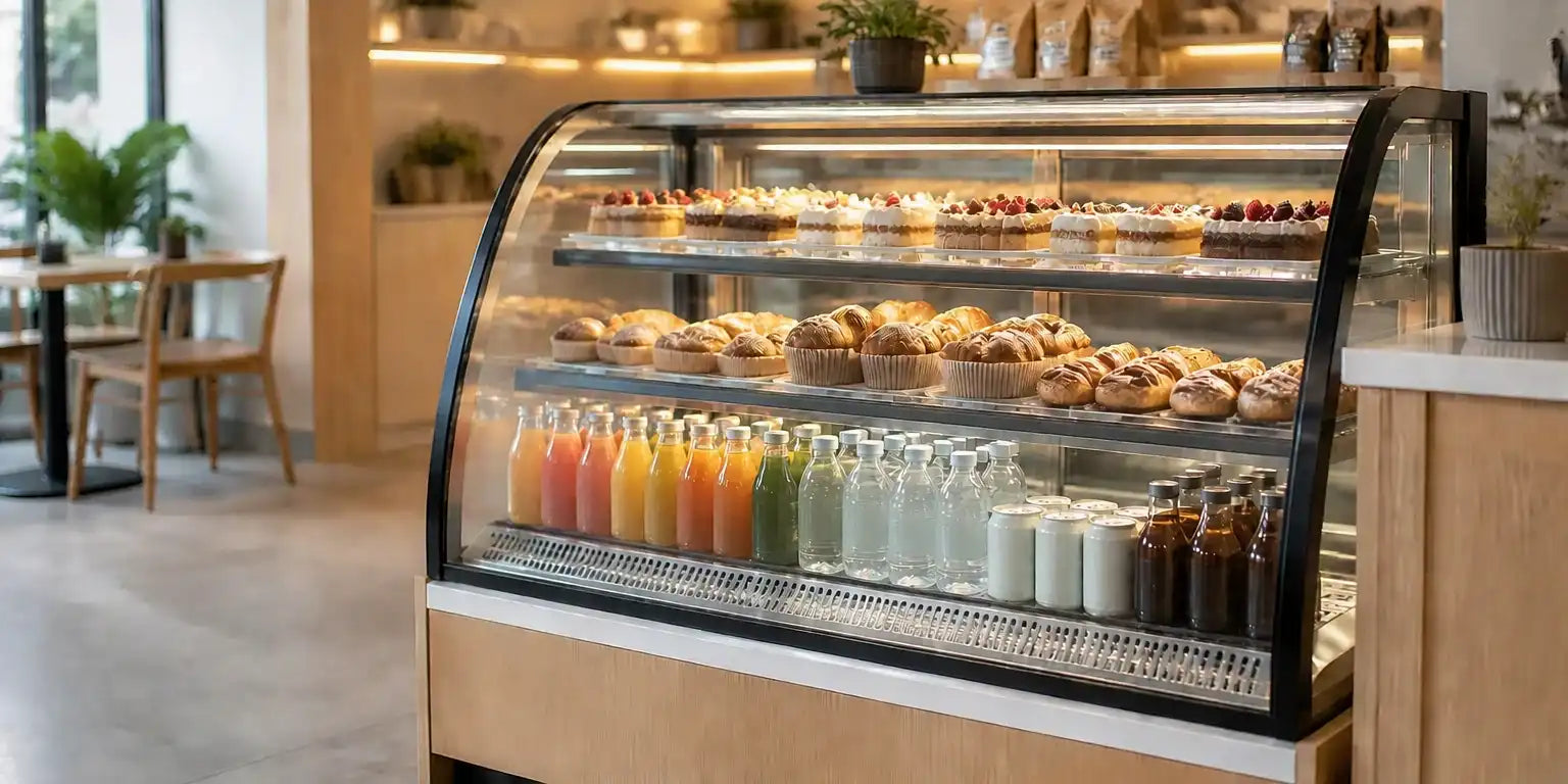 Kylmonter med bakverk och drycker i en ljus caféinredning