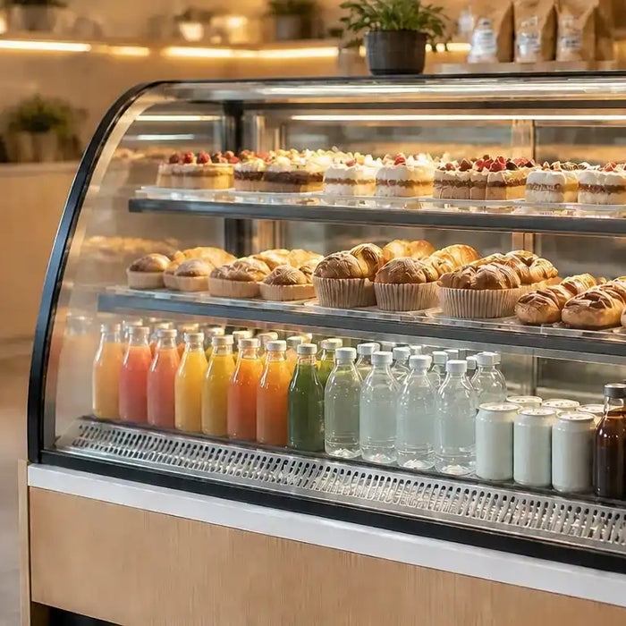 Kylmonter med bakverk och drycker i en ljus caféinredning