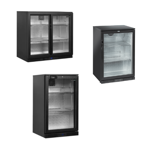 Barkylar i svart design med glasdörrar och hyllplan