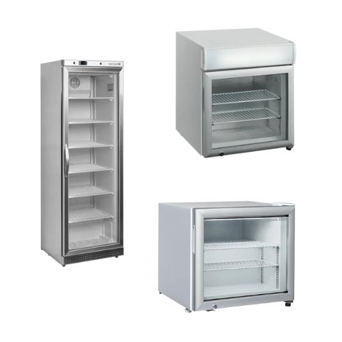 Displayfrysar i olika storlekar med glasdörr och hyllplan