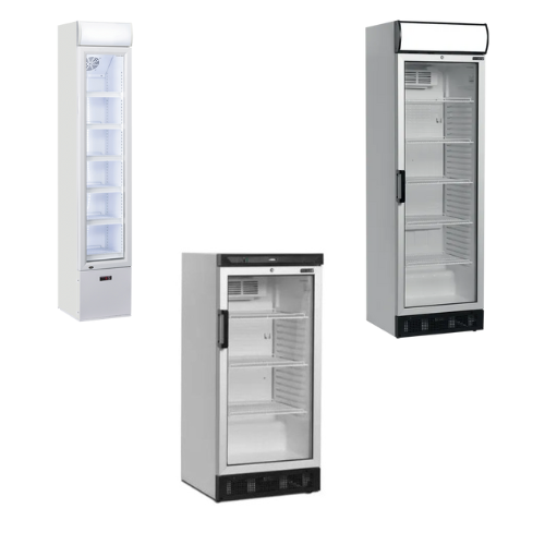 Displaykylar i olika storlekar med glasdörr och hyllplan