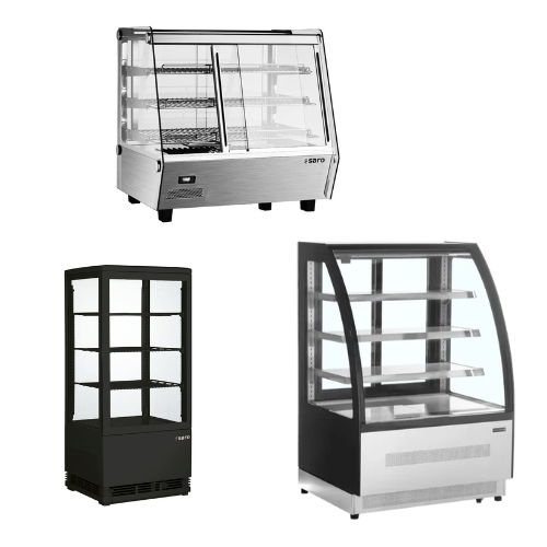 Displaymontrar i olika modeller med glas och hyllor för exponering