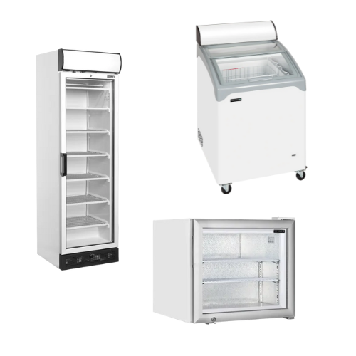 Frysar i olika modeller med glasdörr, lock och bänkutförande