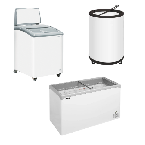 Frysboxar i olika storlekar med lock och glasinsyn