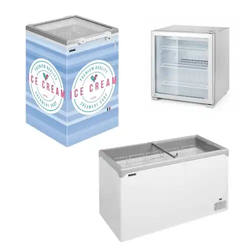 Tre glassfrysar för butik och kiosk, en med dekorativ glassdesign