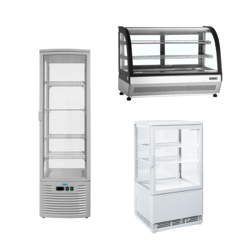 Kylmontrar i olika storlekar med glas och hyllor för exponering