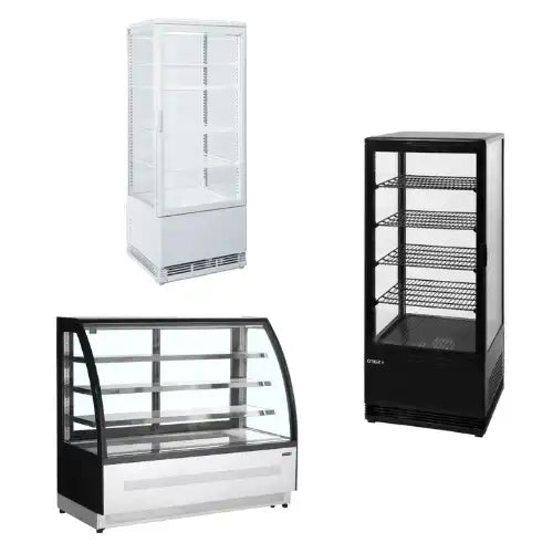 Kylmontrar i olika storlekar med glas och hyllor för exponering