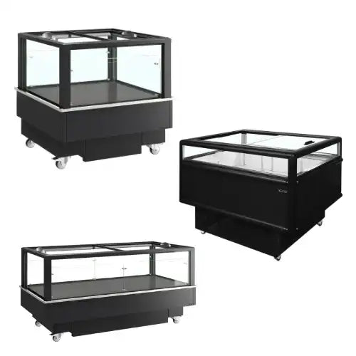3 olika impulsfrysar med glas för placering mitt i butik