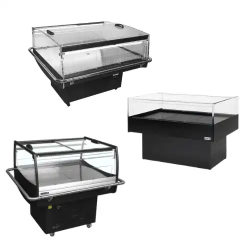 3 impulskylar med glas för placering mitt i butik