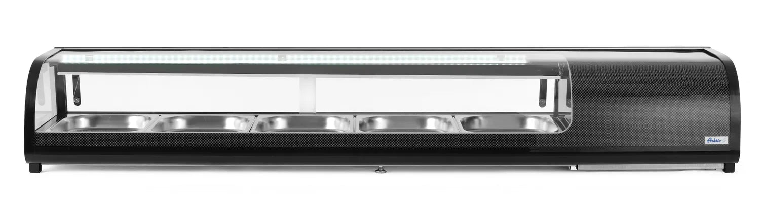 HENDI Sushi Kyldisk 5x GN 1/2 Statisk, sedd från sidan med glasdörren delvis öppen