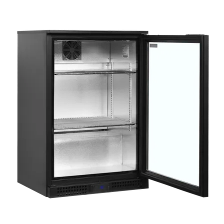 Tefcold BA11H med öppnad glasdörr och synlig interiör i metall