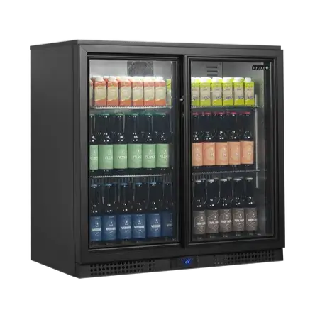 TEFCOLD BA21S kylskåp med dubbla glasdörrar, visad med full last av flaskor och juicepaket.