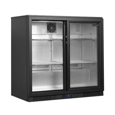 TEFCOLD BA21S dubbeldörrskyl i svart design med tom interiör och glasdörrar.