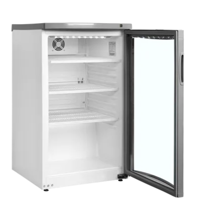 Tefcold BC145 med öppen glasdörr och justerbara hyllor, energieffektiv lösning för förvaring.