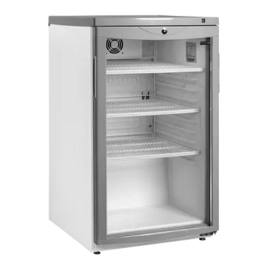 Tefcold BC145 vit kyl med glasdörr och flera hyllplan, idealisk för livsmedelsförvaring.