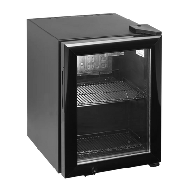 Kompakt displaykyl Tefcold BC30 med glasdörr och två hyllplan, perfekt för små utrymmen.