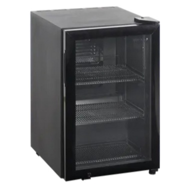 Kompakt flaskkyl Tefcold BC60 i svart, idealisk för effektiv kylning och visning.